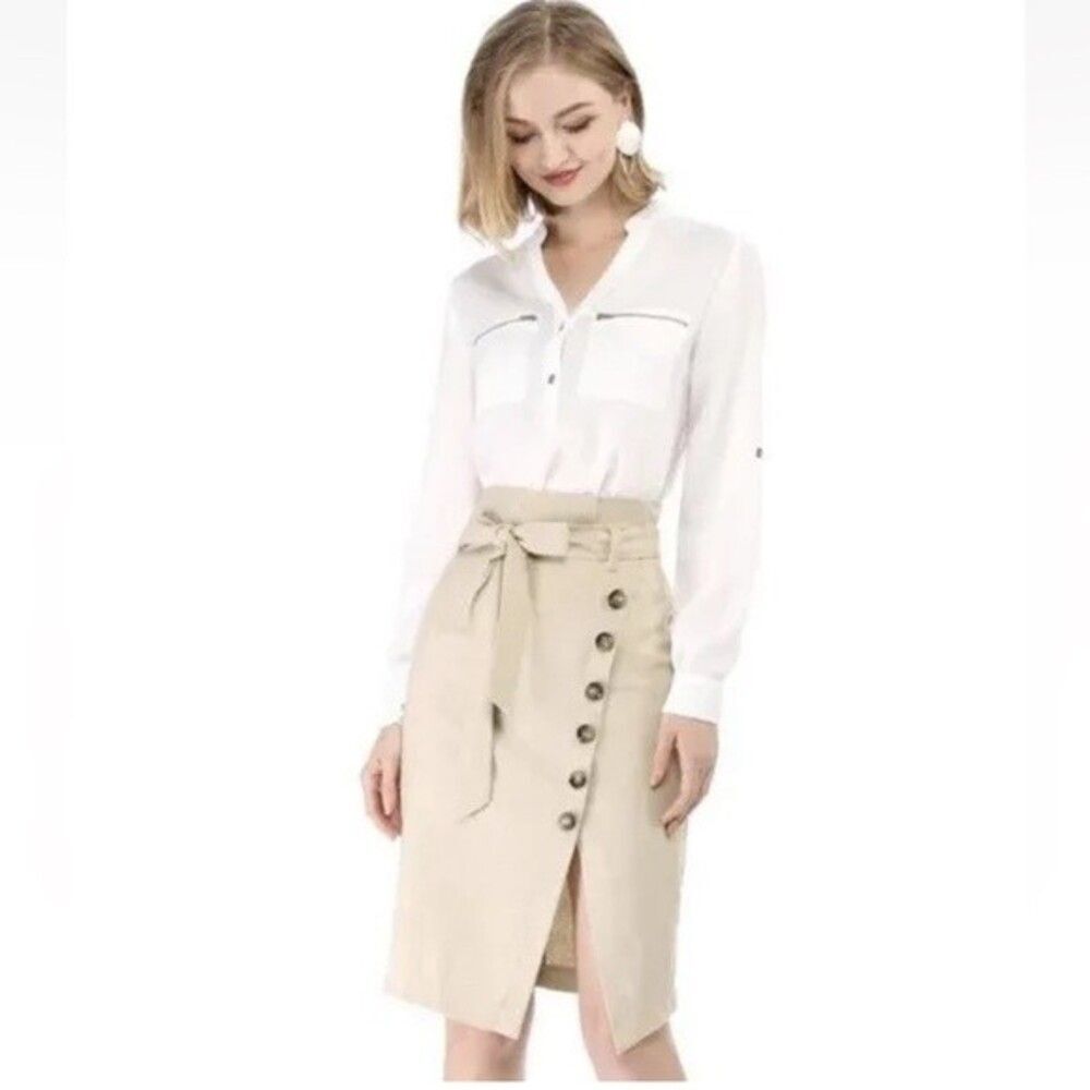 Allegra K Women's Button Details Split Belted Smocked Vintage Short Pencil